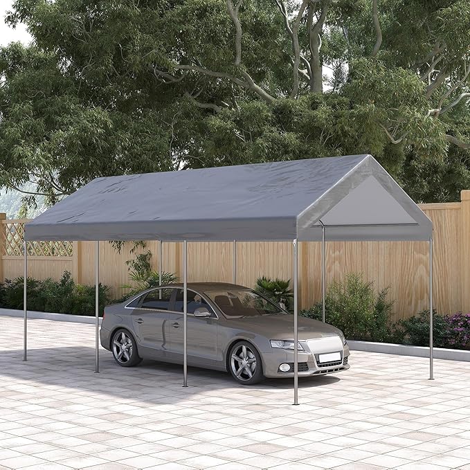 Outsunny 10' x 20' Party Tent and Carport, Height Adjustable Portable Garage, Outdoor Canopy Tent 8 Legs Without Sidewalls for Car, Truck, Boat, Motorcycle, Bike, Garden Tools, Gray