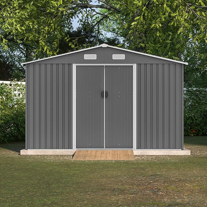 10X8 FT Outdoor Tool Storage Shed with Metal Foundation & Lockable Doors, All Weather Metal Sheds for Garden, Patio, Backyard, Lawn, Gray