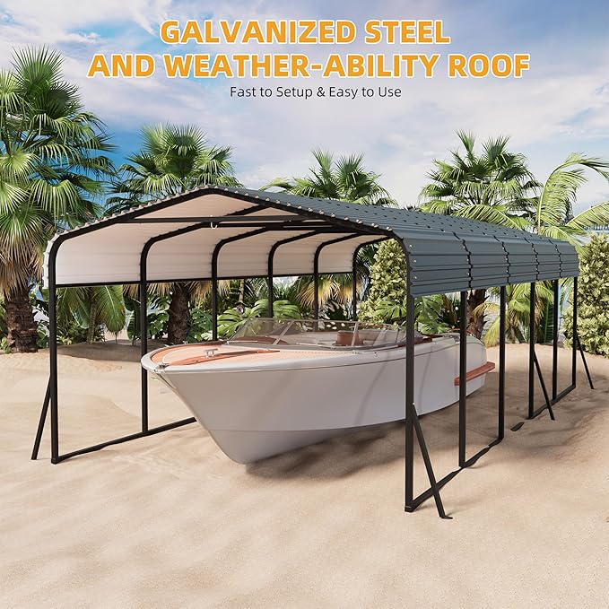 12x24FT Metal Carport Kits with Galvanized Steel Roof, Heavy Duty Metal Roof Carport with Enhanced Base, Tall MetalCarport Kits Garage for Tractors, Pickup, Boat, Car