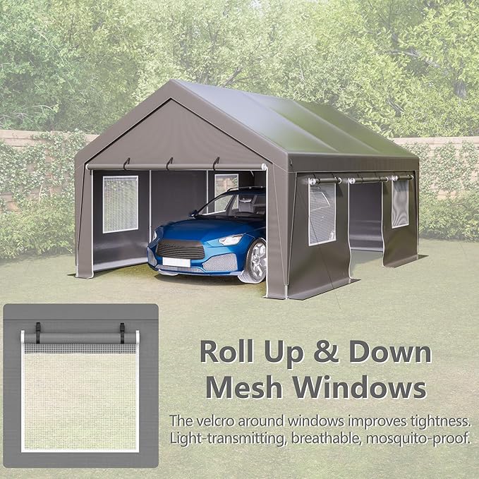Carport 13x20ft Portable Garage Car Canopy Heavy Duty Car Port with Mesh Windows and Removable Sidewalls UV Resistant Waterproof All-Season Tarp for SUV,Boat,Car, Truck Gray