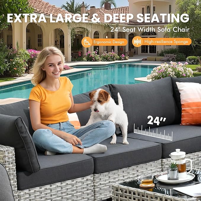 Outdoor Sectional Patio Furniture Set with Swivel Rocking Chairs,10 Pieces Wicker Conversation Sets L Shaped Couch Out Door Sofa Set Outside Furniture for Garden Deck Yard Porch,Black,