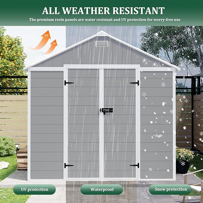 Resin Storage Shed 10x8 ft, Large Garden Shed with Floor, HD Window, Lockable Doors and Vents, 12mm Thick pp Board, Outdoor Storage Sheds for Backyard Patio (Gray, 10 * 8ft)