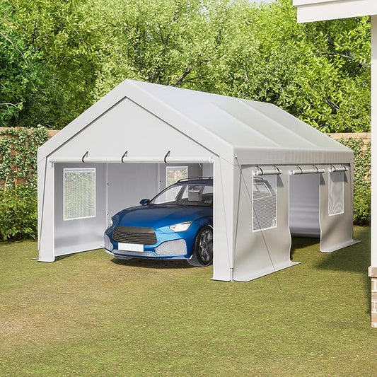 Carport 13x20ft Portable Garage Canopy Heavy Duty Car Port with Mesh Windows and Removable Sidewalls UV Resistant Waterproof All-Season Tarp for SUV, Boat, Truck White