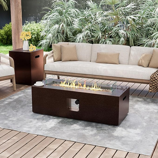 UPHA 42-inch Outdoor Propane Gas Fire Pit Table 50000 BTU Iron Rectangle Firepit for Outside Patio with Tank Hidden Table, Wind Guard, Removable Lid, Gold Glass Rocks, Rain Cover, Brown