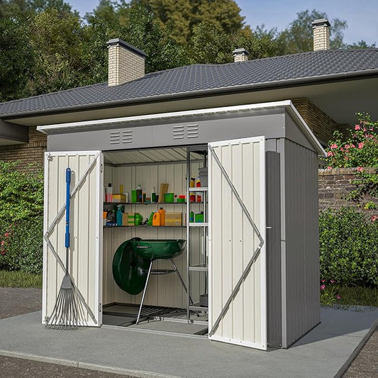 4x8 FT Lean to Outdoor Storage Shed with Floor,Metal Shed W/Lockable Door,All Weather Waterproof Garden Tool House W/ 2 Air Vents,for Backyard,Patio,Lawn,Garden,Gray