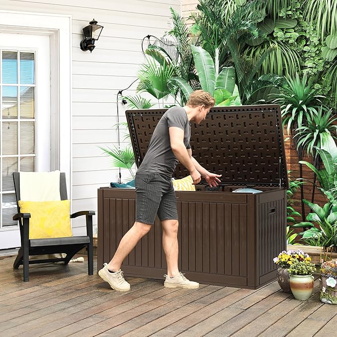 YITAHOME 260 Gallon Extra Large Deck Box, Double-Wall Resin Outdoor Storage Box with Flexible Divider for Patio Cushions Pool Supplies Garden Tools, 1000lbs Load Capacity, Lockable&Waterproof (Brown)
