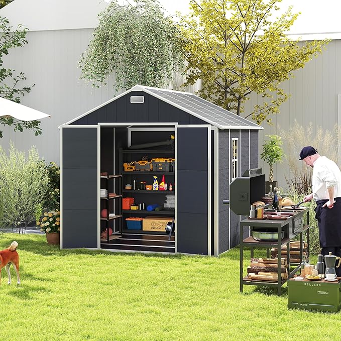 8x8 FT Resin Storage shed, Outdoor Storage Sheds with Floor, Window, Lockable Doors and Vents, 12mm Thick pp Board, Large Storage Space Tool Shed for Lawn, Backyard, Patio (Dark Gray, 8 * 8ft)