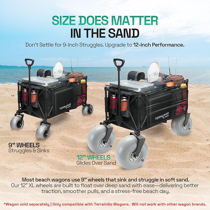 Beach Wagon Wheels Deep Sand and Rough Terrain | Quick-Change Interchangeable Patent Pending | Air-Filled Beach Cart Tires-ONLY Compatible with TERRAINGO Wagons