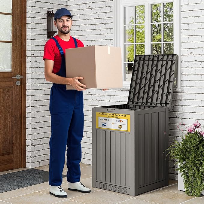49 Gallon Package Delivery Boxes for Outside, Outside Storage Box Waterproof with Sign, Lockable Storage Box, Large Double-Walled Resin Weatherproof Deck Box for Porch and Patio, Grey