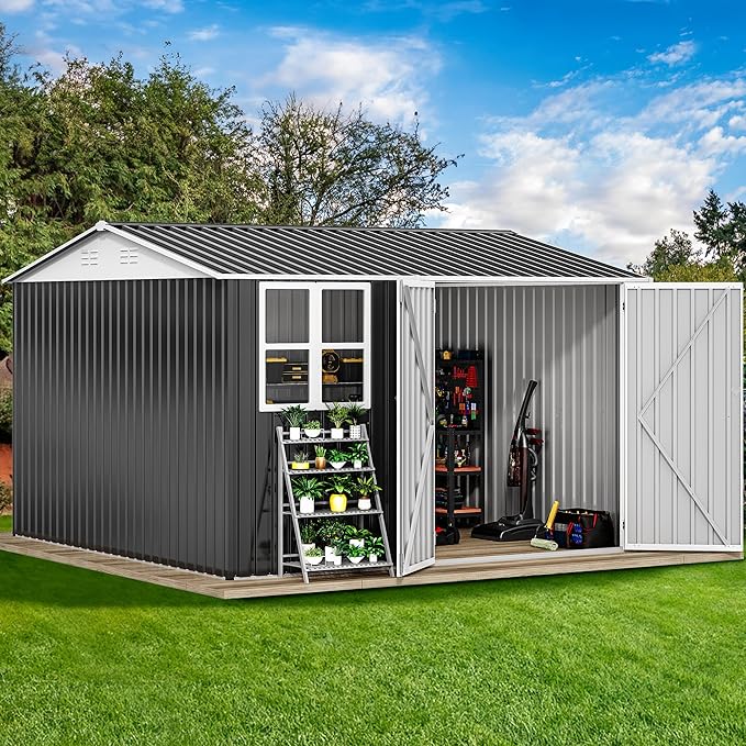 DWVO 10x10ft Metal Outdoor Storage Shed with Window, Lockable Tool Storage Sheds, Oversized Steel Garden Sheds with Sloped Roof for Backyard, Patio, Garage, Lawn, Gray & White