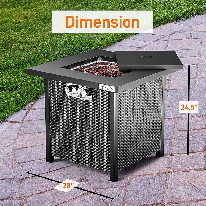 Outdoor Propane Fire Pit Table - CSA Approved Safe 40,000 BTU Pulse Ignition Propane Gas Fire Table - Steel Tabletop, Rattan-Look Steel Panel, 6.6 Lbs Decorative lave Rock Set - SereneLife SLFPS3