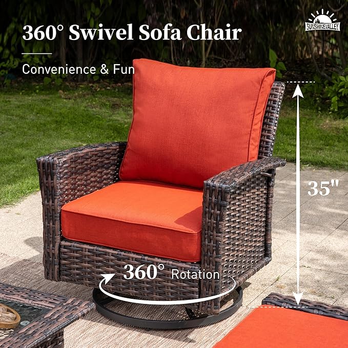 3 Piece Patio Furniture Set, Rattan Wicker Swivel Chairs Set of 2 with Side Table, 35" High Back Outdoor Conversation Set with Thick Cushions for Bistro Porch Poolside, Red