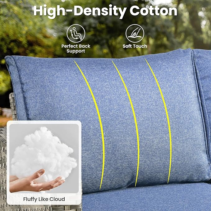 ovios 6 Pieces Patio Furniture Set, Outdoor Wicker Sofa Couch with Rocking Swivel Chairs Comfy Cushions, Modern Deep Seat Rattan Conversation Sets for Porch Deck, Denim Blue
