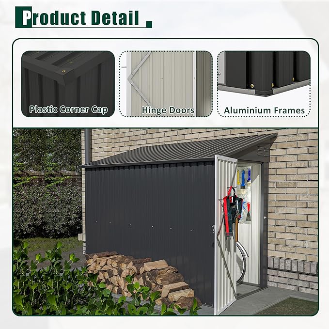 4x8 FT Metal Outdoor Storage Shed with Lockable Door and 2 Air Vents, Lean to Storage Shed, Garden Tool Storage Cabinet for Backyard Patio Lawn, Black