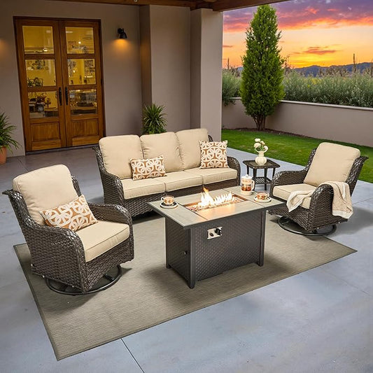 ovios 5 Pieces Patio Furniture Set, Outdoor Wicker Sofa Couch with Swivel Chairs 42" Fire Pit Table, All Weather High Back Modern Conversation Sets, Brown Rattan, Beige