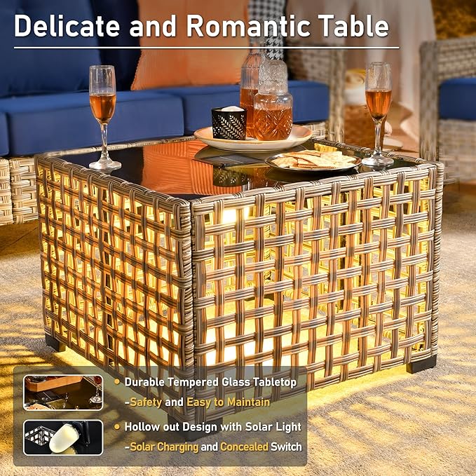HOOOWOOO Outdoor Patio Furniture Set,7 Pieces Wicker Out Door Sectional Furniture L Shaped Couch,Outside Patio Conversation Sets with LED Table,Blue