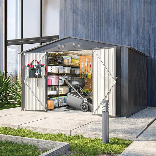 Outdoor Storage Shed, 10X8 FT Galvanized Steel Metal Shed, Lockable Waterproof Tool Storage Sheds for Garden, Patio, Lawn – Durable Storage Solution in Multiple Sizes