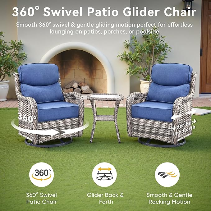 Luxury High Back Outdoor Swivel Rocker Patio Chairs with Side Table & 6-Inch Thick Cushions, 3 Pieces Patio Furniture Set for Porch, Balcony, Deck and Yard