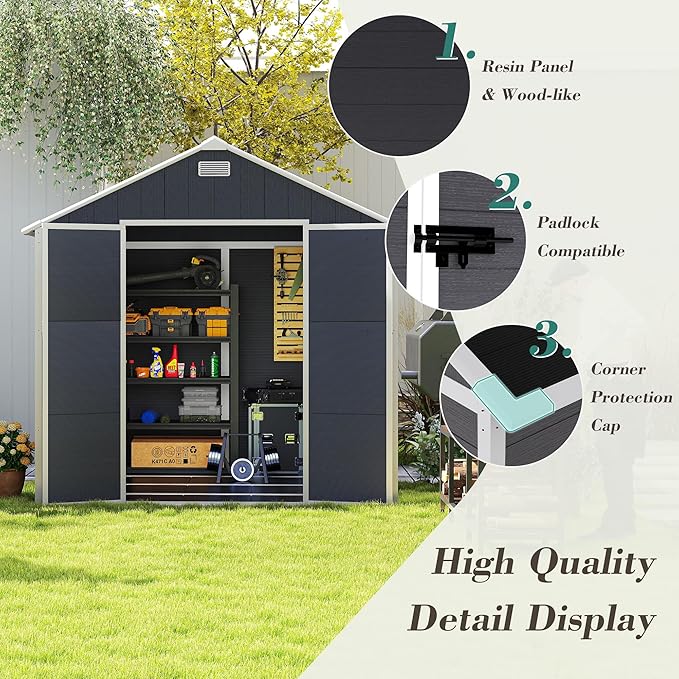8x8 FT Resin Storage shed, Outdoor Storage Sheds with Floor, Window, Lockable Doors and Vents, 12mm Thick pp Board, Large Storage Space Tool Shed for Lawn, Backyard, Patio (Dark Gray, 8 * 8ft)