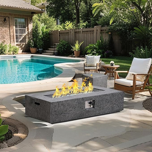 2-Piece Outdoor Propane Fire Pit Table Set – Premium Slate-Like MgO Finish, 48-Inch Gas Fire Table with Tank Table for Patio, Garden & Backyard, Includes Rain Cover & Glass Beads