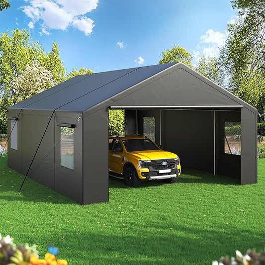 Carport, Heavy Duty Car Port 20x20 FT, Large Car Canopy with Roll-Up Windows & Side-Opening Door, Outdoor Portable Garage Reinforced Four-Hole Base for Car, Truck, Boat, Motorcycle