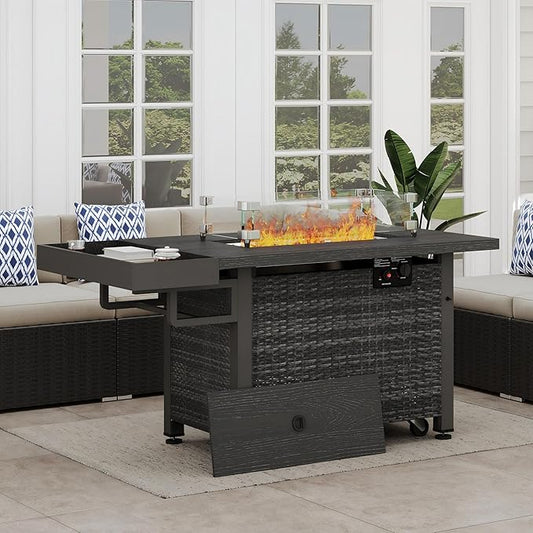 52 Inch Wicker Outdoor Fire Table, 50,000BTU Propane Fire Pit Table with Windshield, Side Basket, Rain Cover, CSA Certified, Patio Fire Pit for Garden, Backyard, Balcony, Poolside, Grey