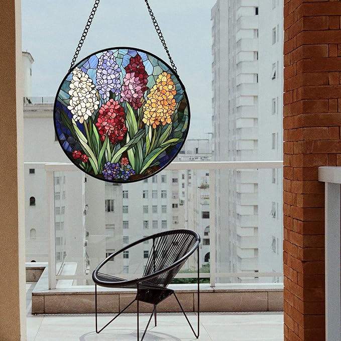 Stained Glass Window Hanging, Colorful Hyacinth Flowers Suncatcher for Doors Window Home Plant Sun Catchers Decoration Mother's Day Birthday Gifts for Women, Men, and Mom 11.8x11.8 in