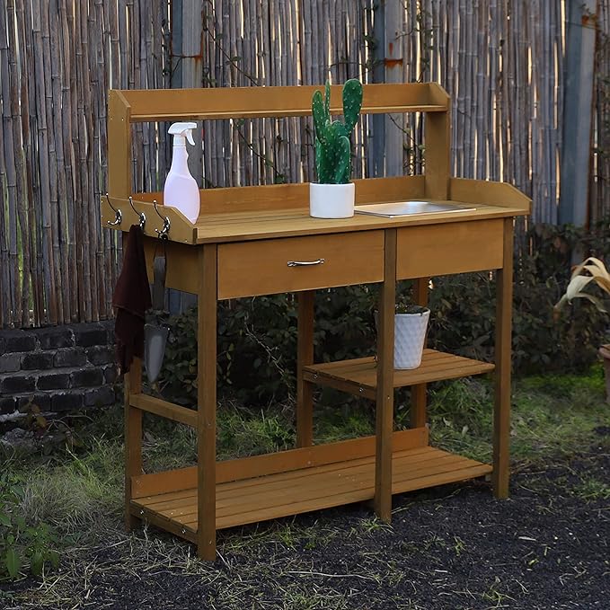 MUPATER Potting Bench Garden Table for Outdoors with Removable Stainless Sink, Planting Work Bench with Storage Shelves and Drawer, Natural Wood
