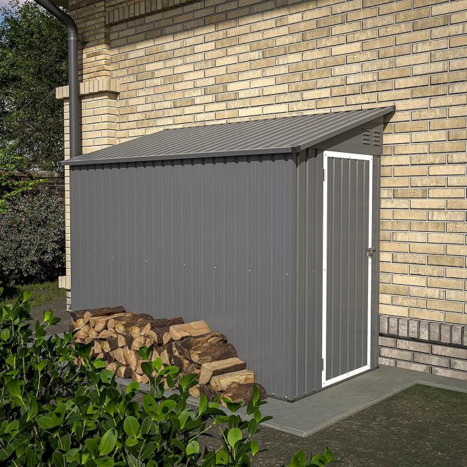 4×8 FT Outdoor Metal Storage Shed,Heavy-Duty Lean to Storage Shed with Floor Base,Garden Tool Metal Storage House W/Lockable Door and 2 Air Vents,Weather Resistant,for Backyard,Patio,Lawn,Gray