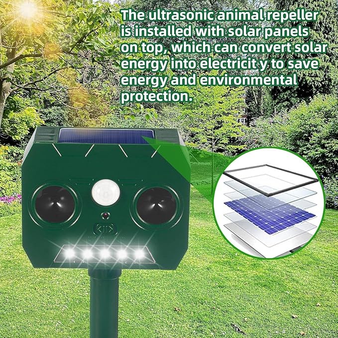 2025 Racoon Squirrel Sonic Fortress Pro Rabbit Repellent Outdoor, Solar Ultrasonic Animal Repeller Deer Deterrent with Motion Sensor&Flash Light to Scare Cat Dog Skunk Out of Garden Farm Yard(4Pack)