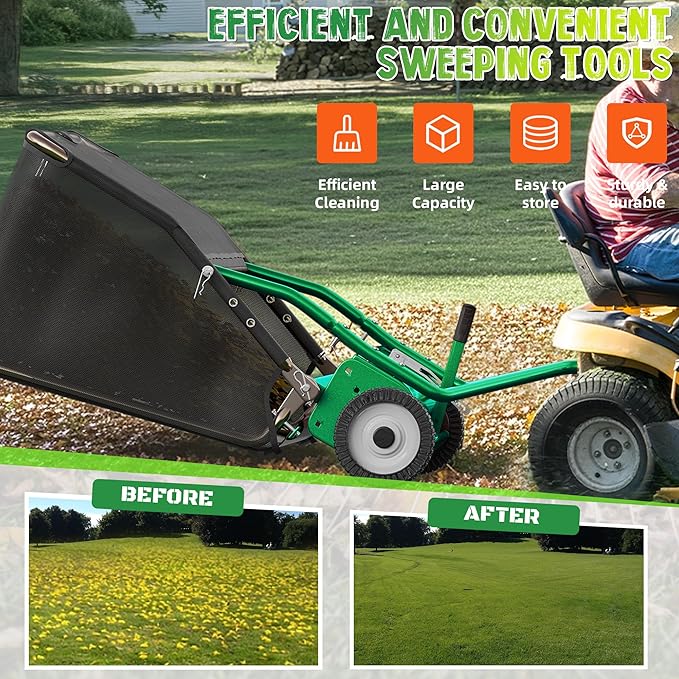 48" Lawn Sweeper Tow Behind - Pull Behind Grass Catcher with 25.16 cu. ft Large Hopper, Heavy Duty Leaf & Grass Collector, Adjustable Brush Height Lever and Dumping Rope, Lawn and Yard Cleanup Tool