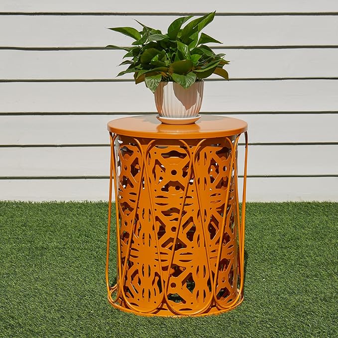 Y&M Metal Round Table, Coffee Table End Patio Table for Indoor Outdoor Multifunctional Use, Heavy Duty Metal Plant Stand Decorative Garden Stool Set of 3 - Orange