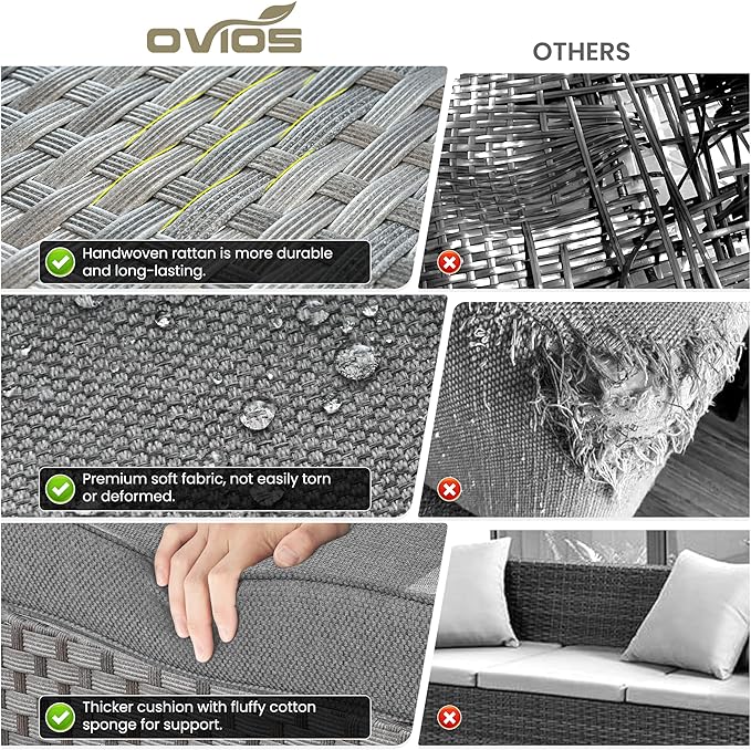ovios 6 Pieces Patio Furniture Set, Outdoor Wicker Sectional Sofa with Glass Table Comfy Cushions, Modern Modular Deep Seat Couch Rattan Conversation Set, Dark Grey