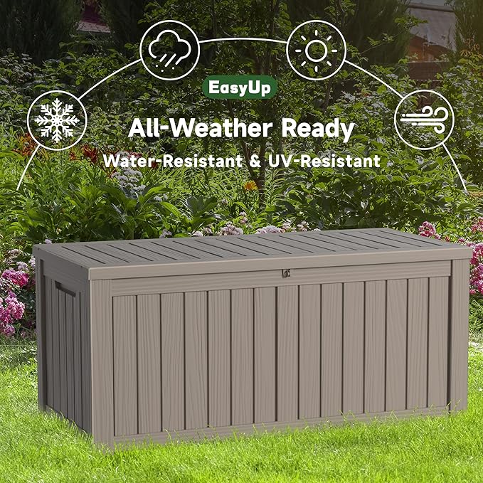 120 Gallon Outdoor Storage Box Waterproof, UV Resistant Resin Deck Box with Hydraulic Rod, Reinforced Stability for Patio, Garden, and Pool, Striped Gray