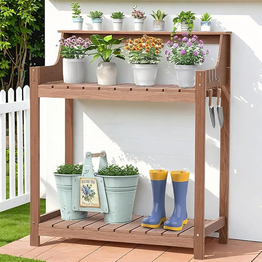 HDPS Potting Bench, All Weather Potting Table with 33.18" Highten Tabletop and 8 Hooks, Easy Assembly Garden Work Bench, Outdoor Potting Benches for Outside Patio Lawn, 360LBS Capacity, Teak