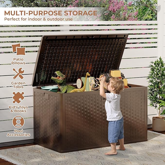 120Gallon Brown Resin Deck Box, Outdoor Storage Box Waterproof Lockable, Patio Deck Box For Package Delivery, Outside Storage Box Container for Furniture Cushions, Garden Tools, Pool Accessories