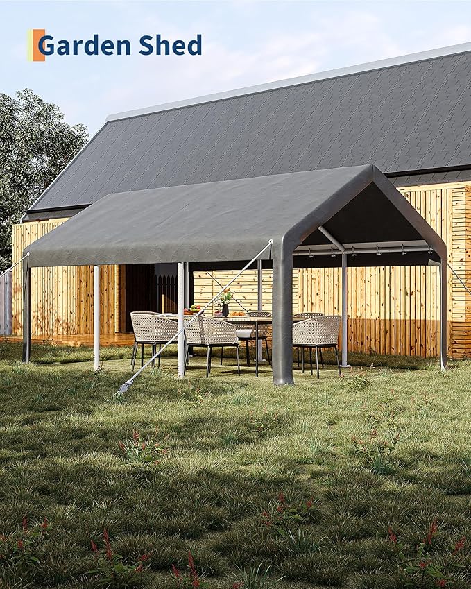 10X20Ft Waterproof Carport Canopy with Roll-Up Mesh Windows & Double Zipper Doors, 180g PE Tarp Cover for Cars, Trucks, SUVs, RVs, Boats & Outdoor Equipment Storage, Grey