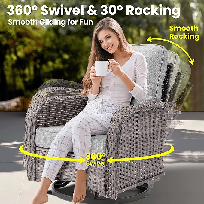 ovios 6 Pieces Patio Furniture Set, Outdoor Wicker Sofa Couch with Rocking Swivel Chairs Comfy Cushions, Modern Deep Seat Rattan Conversation Sets for Porch Deck, Dark Grey