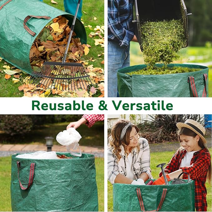 GreatBuddy 132 Gallon Reusable Yard Waste Bag, Heavy Duty, Upright Lawn Bags with 4 Reinforced Handles for Garden Leaves and Waste Collection, Lightweight (3 pack)