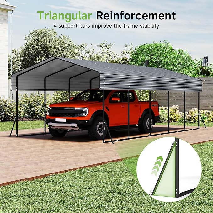 Real Relax 13' x 26' Metal Carport, Heavy Duty Carport with Galvanized Steel Roof with Metal Frame, Extra Long Outdoor Garage Car Shelter Shade for SUV Trucks and Boats, Gray