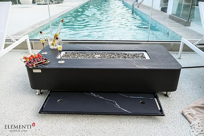 Elementi+ | Valencia Gas Fire Pit | Cast Concrete Body & Marble Porcelain Top | 62" Rectangular Fire Table | Electronic Ignition | Canvas Cover, Fire Glass & Burner Lid Included | Black | Propane Gas