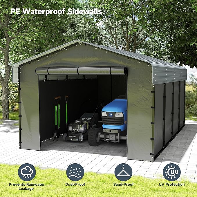 12x20FT Metal Carport Kits with Galvanized Steel Roof, Heavy Duty Metal Frame Carports Canopy with Removable Sidewalls, Garage Car Tent Shelter for Tractors, Boat, Car, Gray