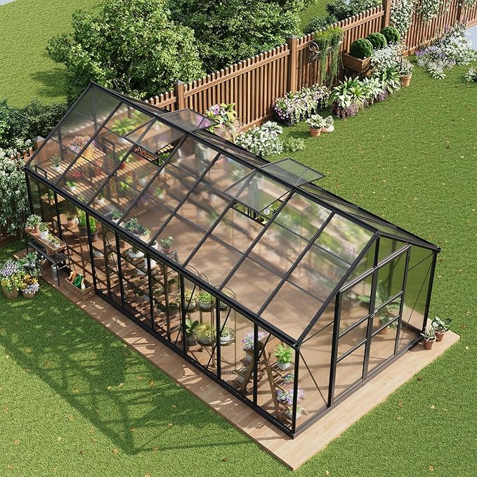 Greenhouses, 8×16 FT Greenhouse, Easy Assembly Aluminum Polycarbonate Greenhouses for Outdoors with Roof Vent, Large Aluminum Walk-in Greenhouse for Patio, Backyard, Garden, Lockable Hinged Door