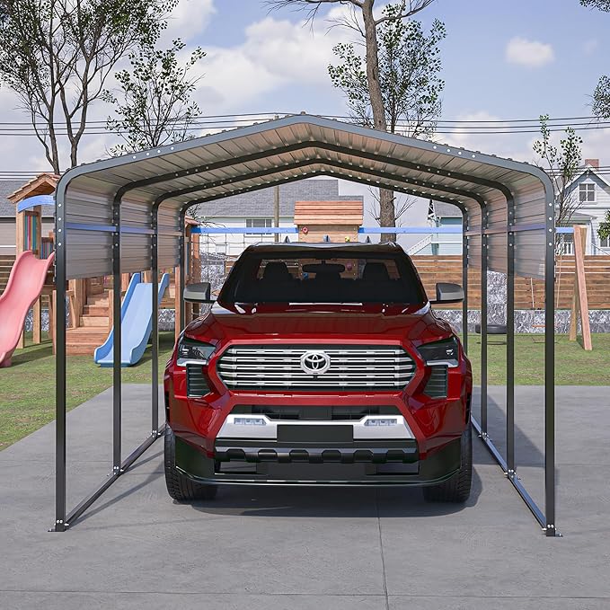 Metal Carport Kit 10x15 FT Heavy Duty Galvanized Garage Shed for Car Truck Boat Outdoor All Weather Sunshade Car Shelter with Enhanced Base Sloped Top (Black)