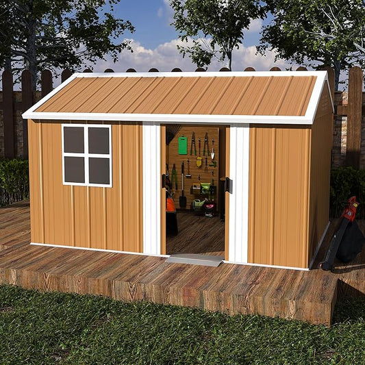 KEIKI 12FT x 8FT Heavy-Duty Metal Storage Shed, Outdoor Storage Shed with Floor & Window and Lockable Doors, Weatherproof Outdoor Garden Shed for Garden, Backyard, Patio, Lawn