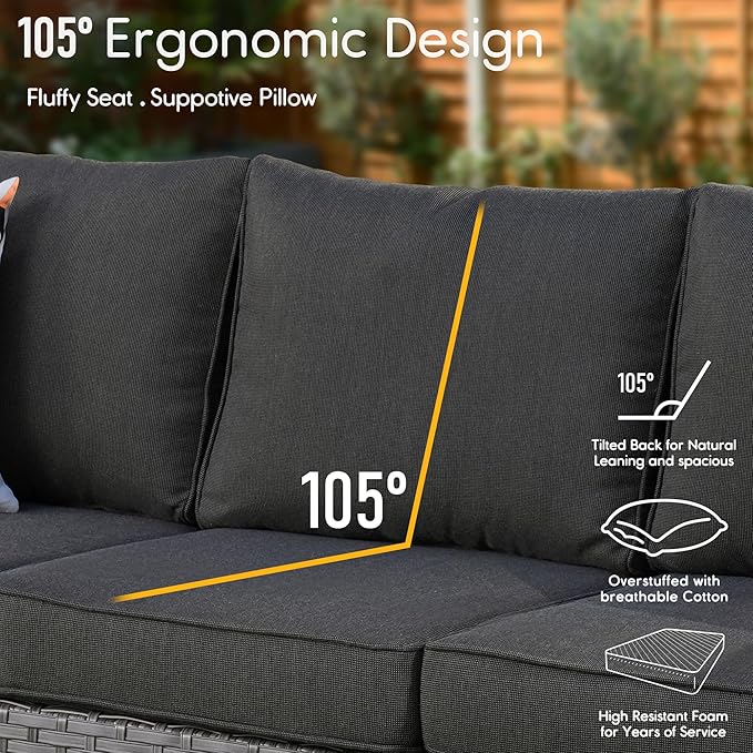 HOOOWOOO 11 Piece Patio Sectional Furniture Set with Fire Pit Table,Modern Wicker Outdoor Conversation Sofa Sets,Weather Resistant Modular L Shaped Outside Couch Swivel Chair Set(Black)