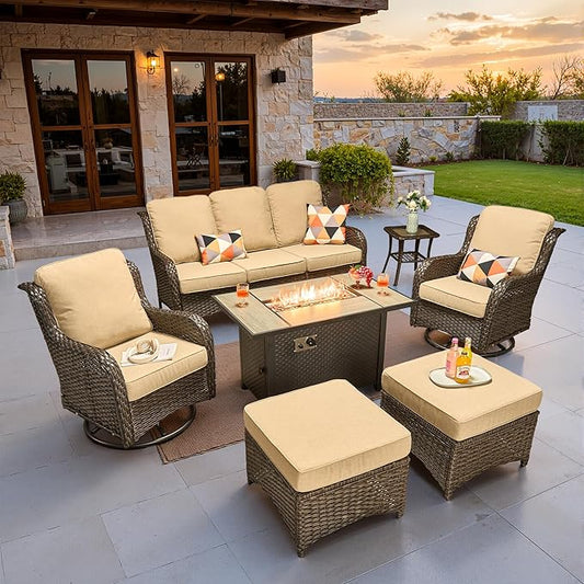 ovios 7 Pieces Patio Furniture Set, Outdoor Wicker Sofa Couch with Swivel Chairs 42" Fire Pit Table, All Weather High Back Modern Conversation Sets, Brown Rattan, Beige