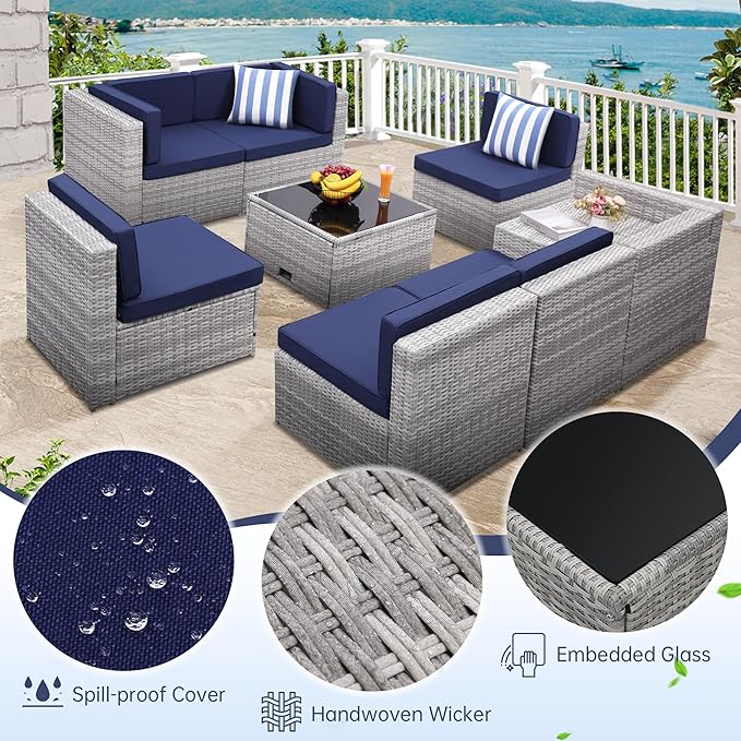 8 Pieces Outdoor Wicker Rattan Patio Furniture Sectional Set, Glass Top Table with Hidden Storage, 7 Sofa Sections, Oversized Cushions, Grey Color Rattan with Blue Cushion