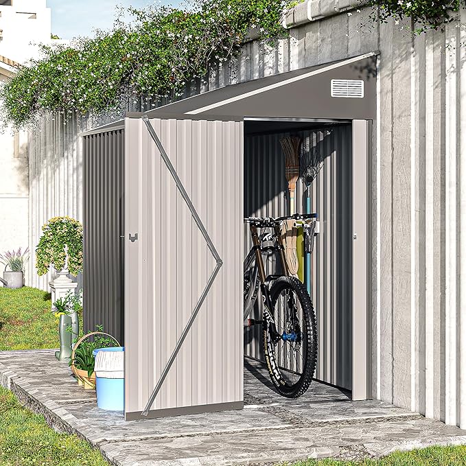 4x8 ft Lean to Shed, Outdoor Storage Shed with Lockable Door and Vents, Metal Storage Shed with 6 Vents, Outside Garden Tool Shed for Backyard, Patio, Wall Side Design (Dark Grey)