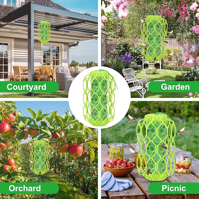 2 Pack Upgraded Wasp Trap Outdoor Hanging, Carpenter Bee and Hornet Catcher, Reusable Yellow Jacket Trap with Bait Reservoir, Bee Killer and Wasp Catcher for Outside (Green)